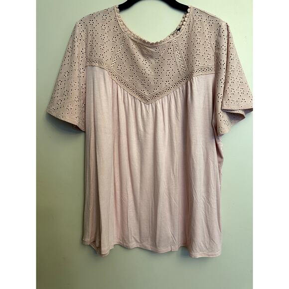Espresso Blush Pink Eyelet Crochet Boho Top Women’s 1X Flutter Slee - Picture 1 of 6